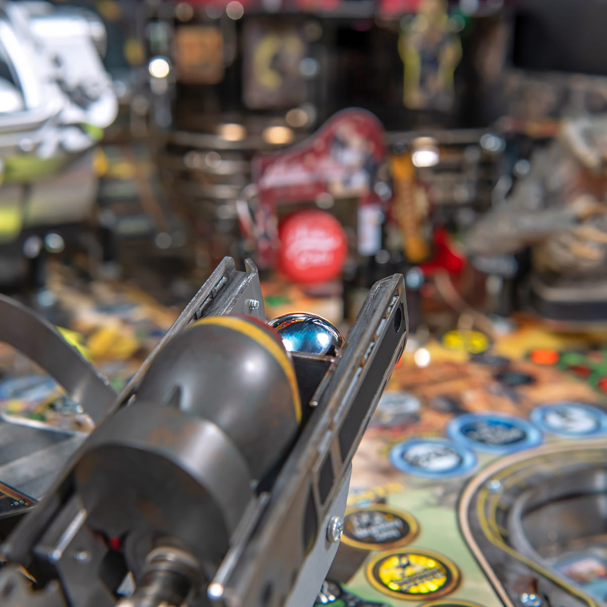 Fallout pinball machine playfield featuring the Vault Multi-Axis Fat Man Launcher