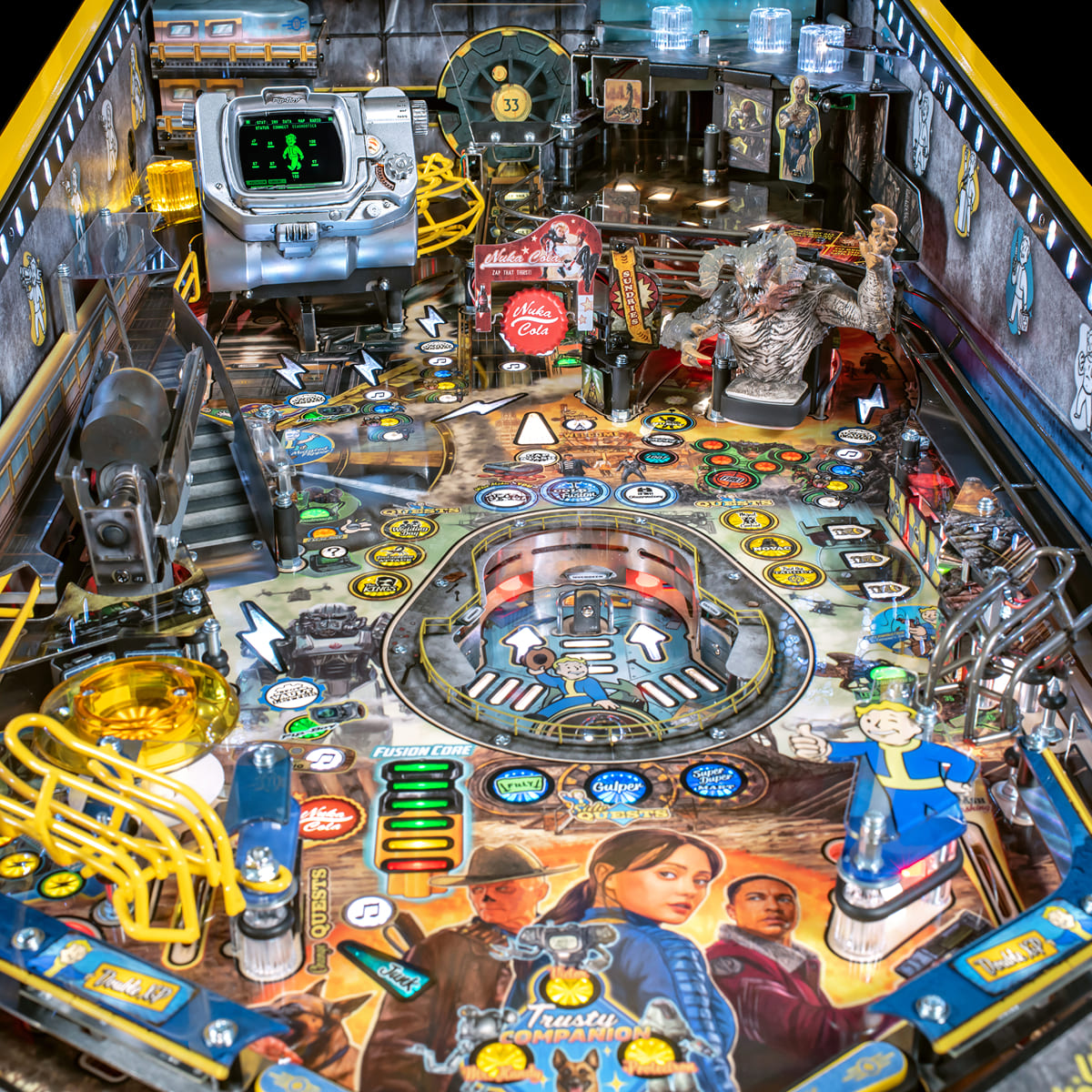 Fallout pinball machine playfield featuring Vault Boy Nuka-Cola and detailed game elements