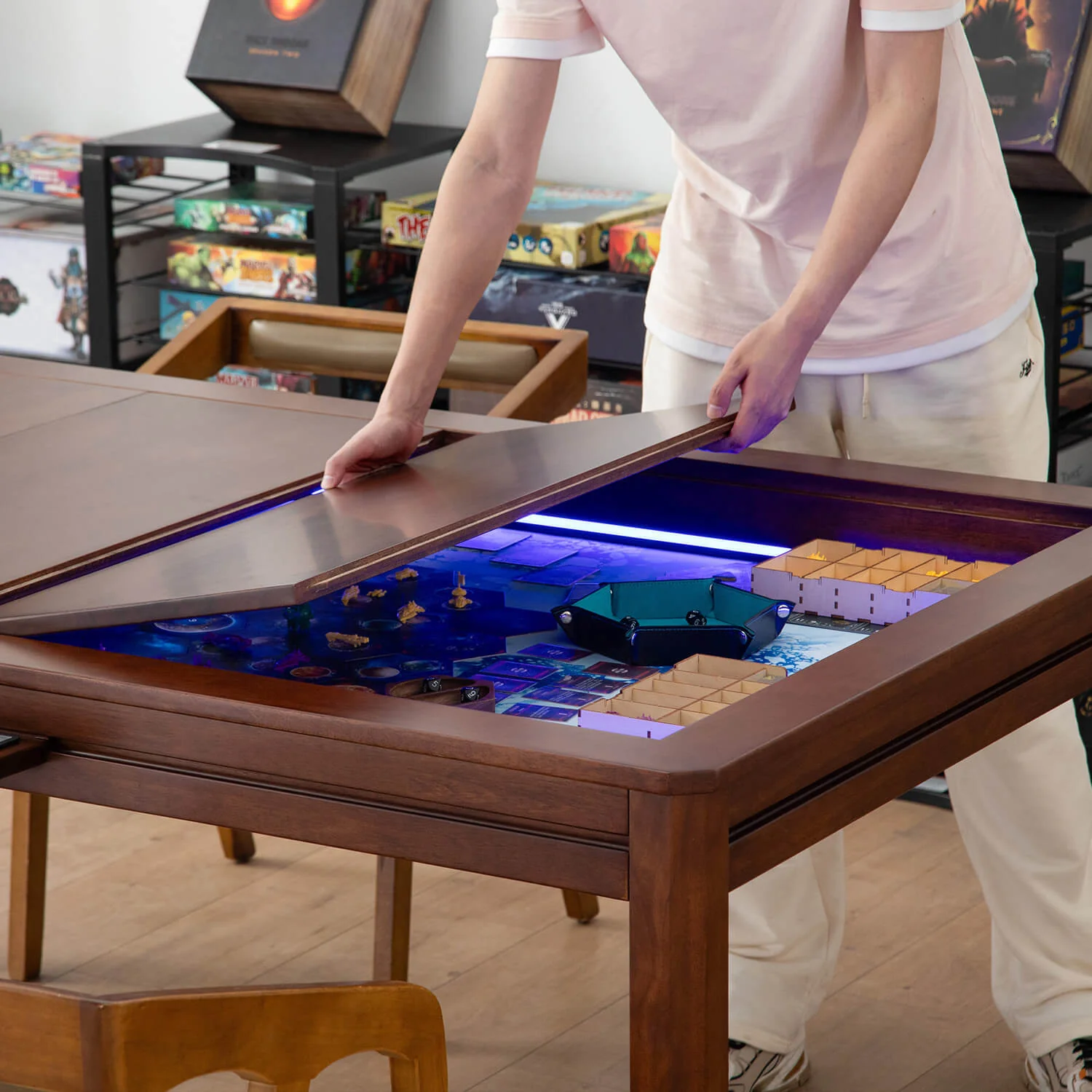 Wooden dining topper placed over the recessed vault of the LED Kingswood 5ft game table