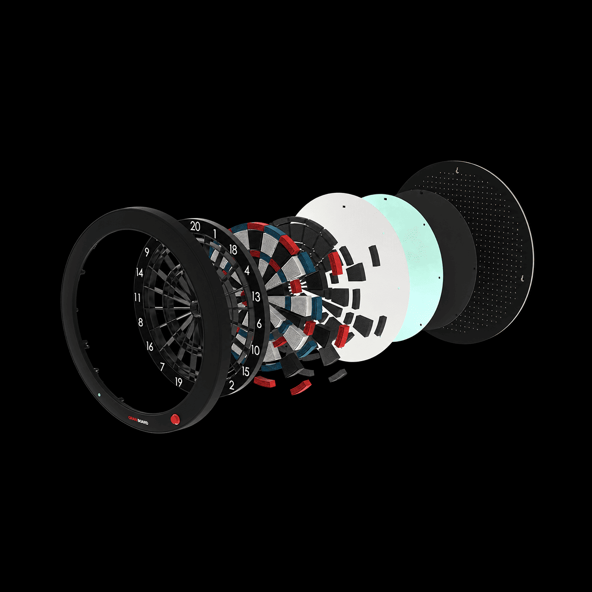 GranBoard 3S Blue electronic dartboard components.