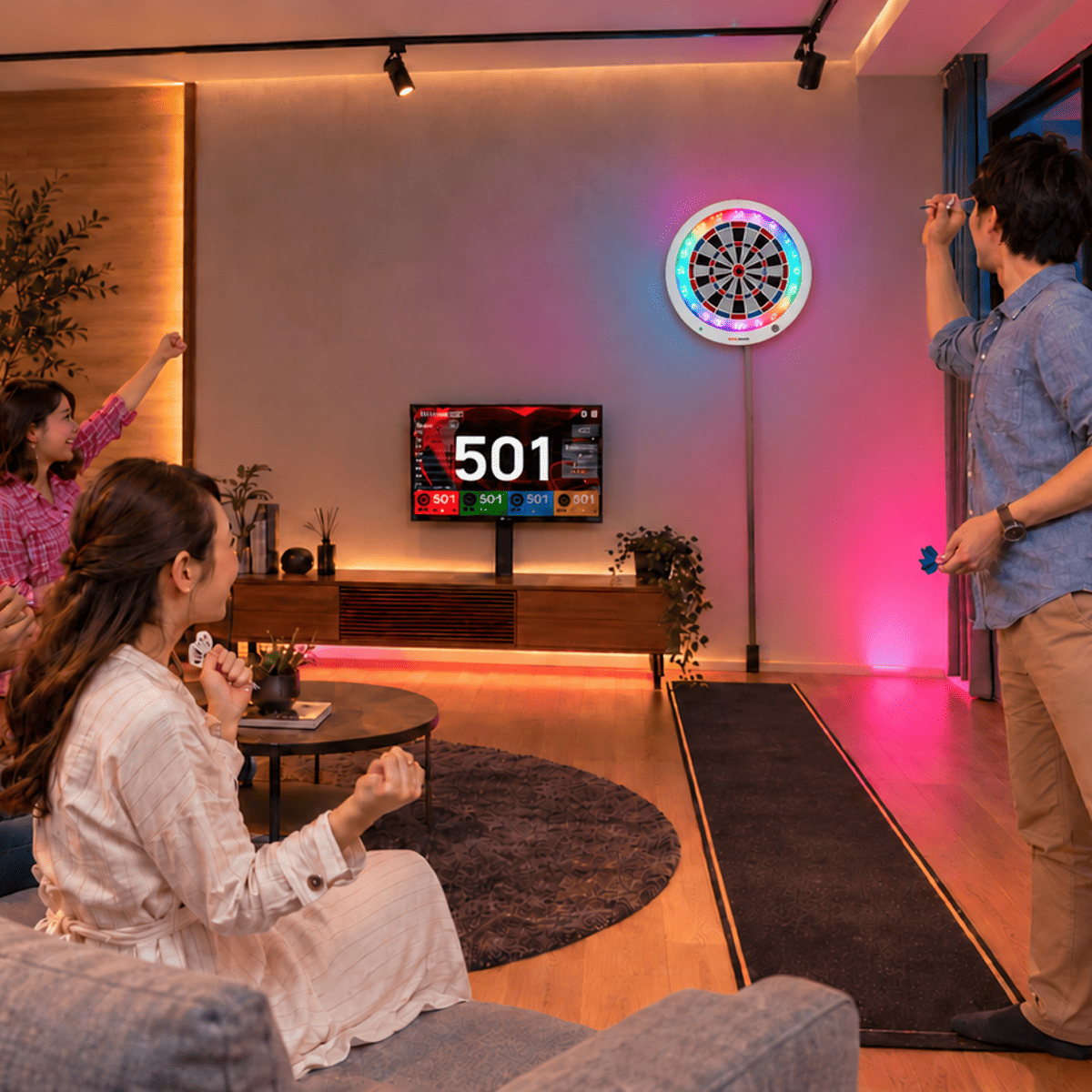 GranBoard 3S White electronic dartboard connected to the app for online scoring and match tracking.