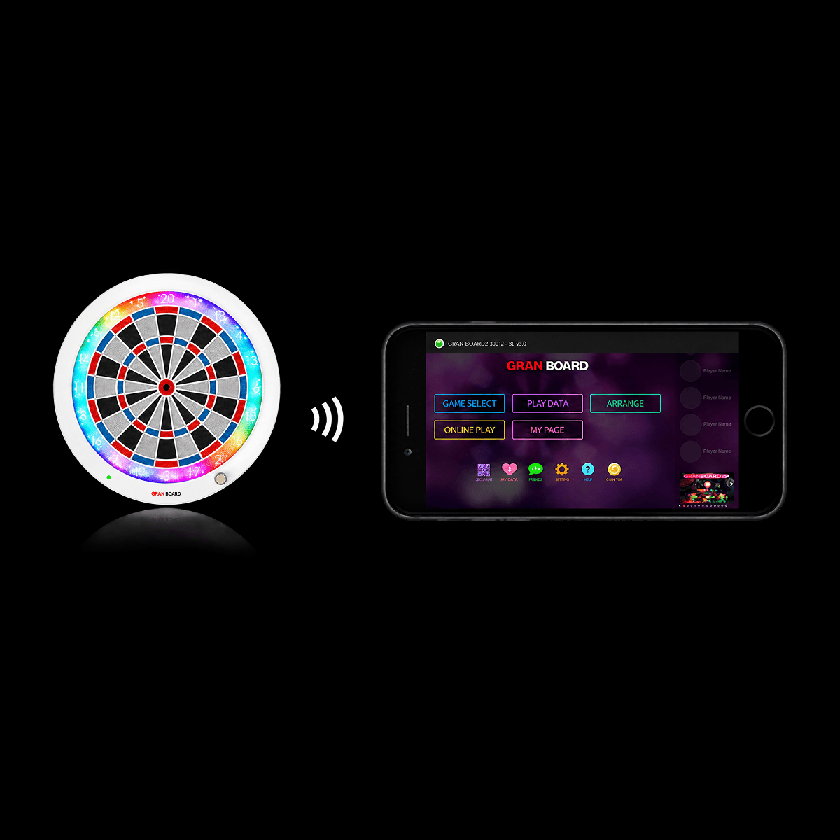 GranBoard 3S White electronic dartboard connected to the companion app via Bluetooth for training games and scoring statistics.