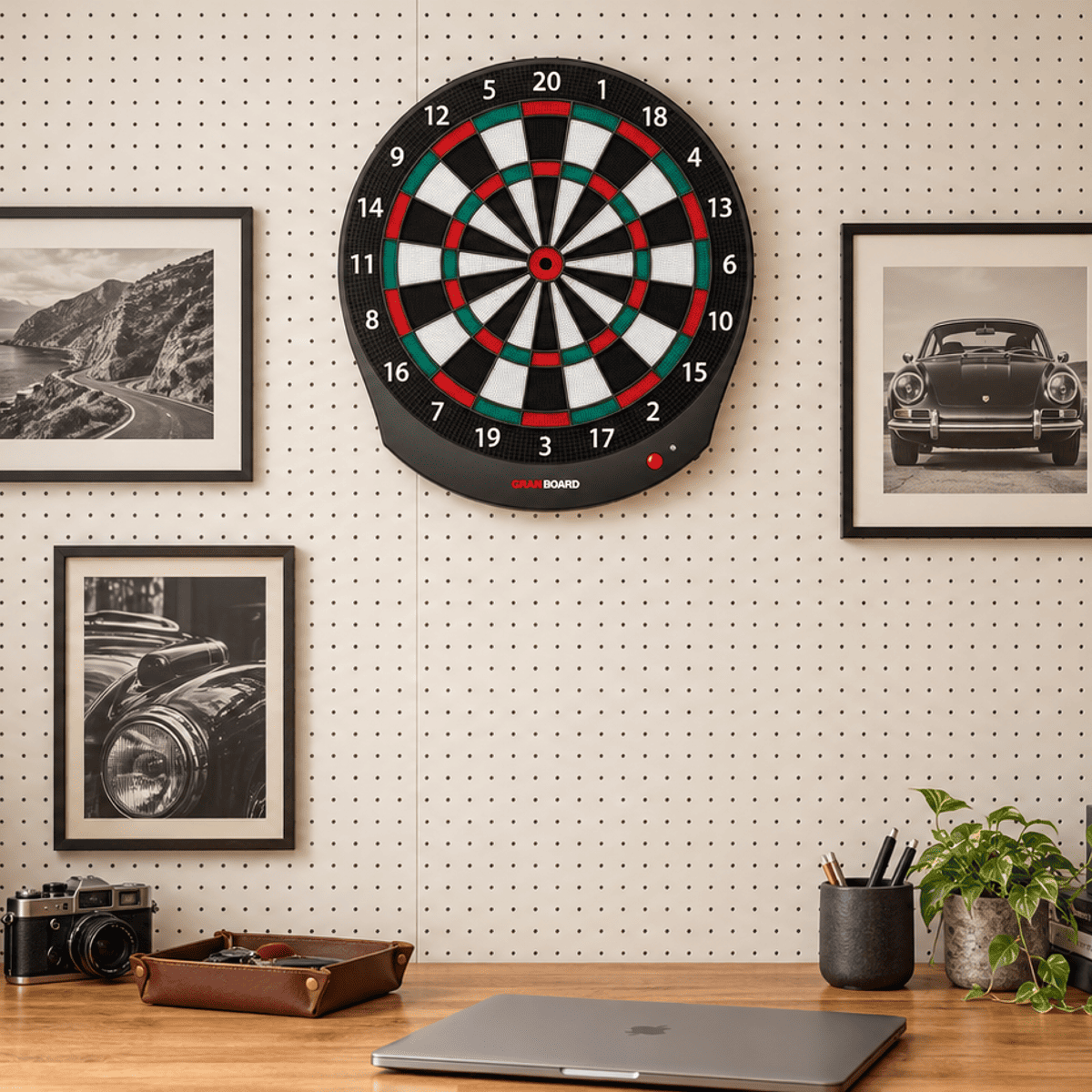 GranBoard Dash Green electronic dartboard mounted on the wall in a home.